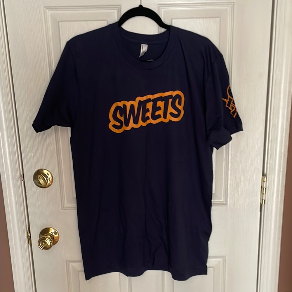Men’s Large Navy T-Shirt with Orange 'Sweets' Graphic-NEW